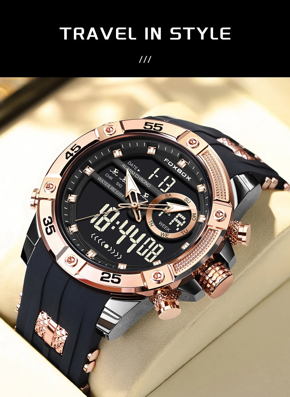 Reloj de pulsera de cuarzo de lujo FOXBOX para hombre, deportivo, impermeable, con doble pantalla, LED digital militar, de acero, para negocios + caja.