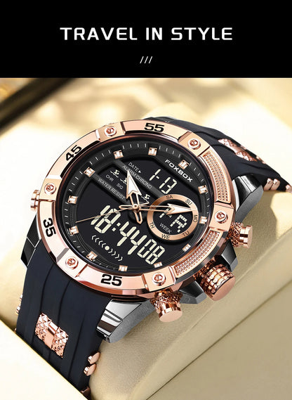 Reloj de pulsera de cuarzo de lujo FOXBOX para hombre, deportivo, impermeable, con doble pantalla, LED digital militar, de acero, para negocios + caja.