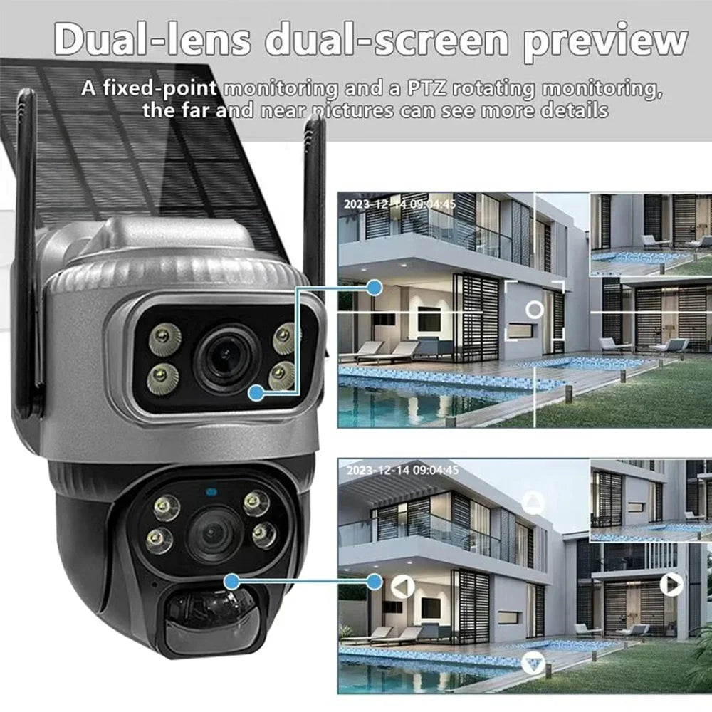 Cámara solar 4G de 8MP con lente dual 4K, PIR, tarjeta SIM integrada, visión nocturna, resistente al agua, cámara IP de seguridad con batería y monitor CCTV.