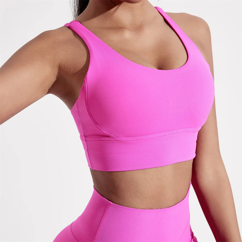 Sujetador deportivo de color sólido con espalda cruzada para mujer, de alta resistencia, ajustado, para entrenamiento integral, ropa interior de yoga y gimnasio con almohadilla para el pecho