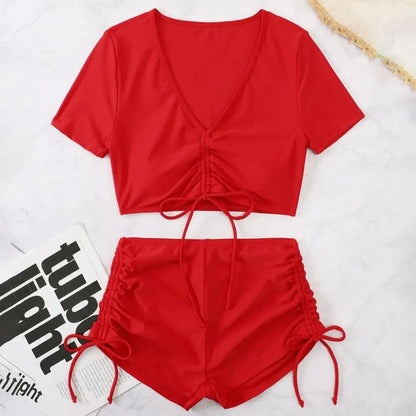 2Pcs/Set Swimsuit for Women Bikini Set V-Neck Short Sleeve Tops High Waist Drawstring Swimming Trunks Quick Drying Swimsuit