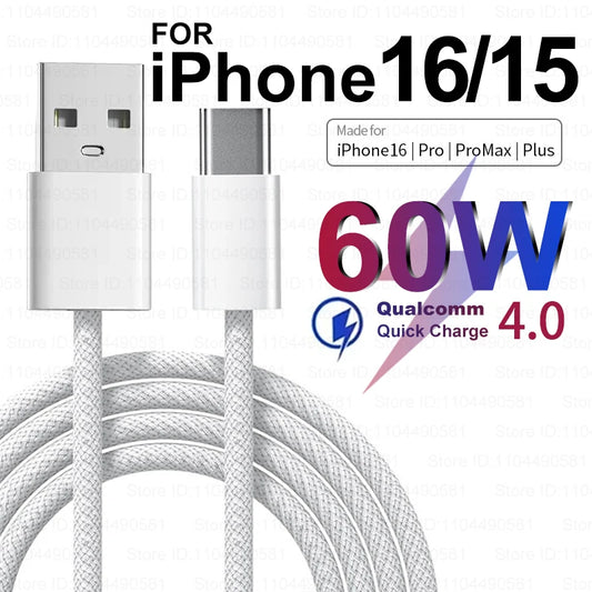 Cable de carga rápida USB original de 60 W para Apple iPhone 16, 15 Pro Max Plus, cable USB tipo C de carga rápida para Xiaomi y Samsung.