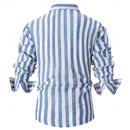 Camisas de lino para hombre, camisas de verano, rayas, estilo casual de negocios, para uso diario, amarillas, rosas, azul marino, verdes, manga larga, solapa, talla 6XL