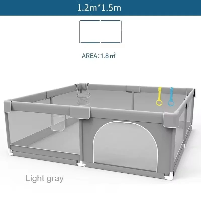 Corralito para bebés IMBABY gris claro con anilla de tiro, barrera de seguridad para niños, cerca y caja de pelota para juegos.