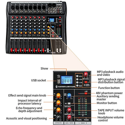 Mezclador de audio BOMGE de 8 canales, consola de mezcla de sonido con Bluetooth, entrada de grabación USB para PC, conector de micrófono XLR, alimentación de 48 V