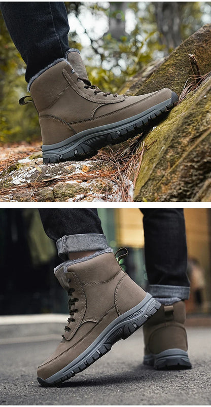 Nuevas botas de nieve de invierno para hombre, zapatillas de cuero impermeables, botas súper cálidas para hombre, botas de senderismo para exteriores, zapatos de trabajo, talla 39-48