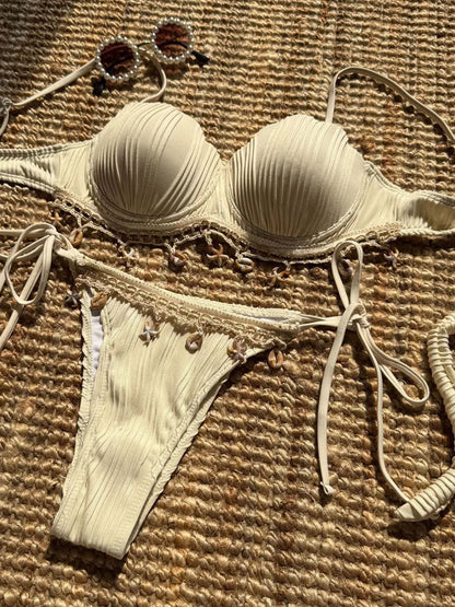 VigoBreviya 2025 Traje de baño de tiras sólidas para mujer Bikini sexy push up brasileño para mujer Traje de baño de playa para mujer Traje de baño de tanga de corte alto atado