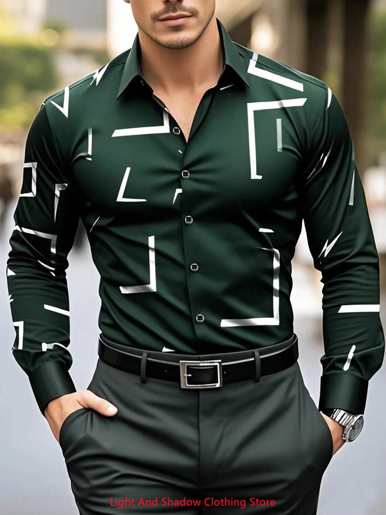 Camisa de hombre con estampado geométrico, estilo urbano clásico, manga larga, cuello, botonadura sencilla. Envío rápido.