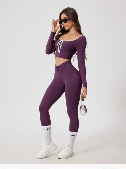Conjunto de yoga para mujer: camiseta de manga larga, ropa deportiva, top corto, leggings de cintura alta y conjunto deportivo.