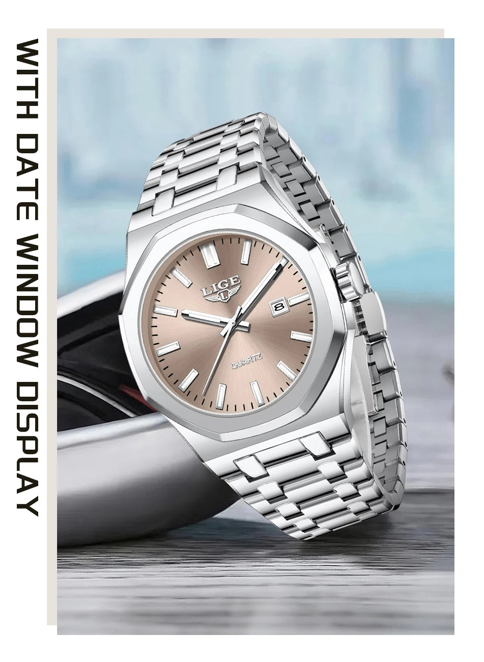 Reloj para hombre LIGE, resistente al agua, de acero inoxidable, luminoso, de negocios, de cuarzo, de moda, con calendario