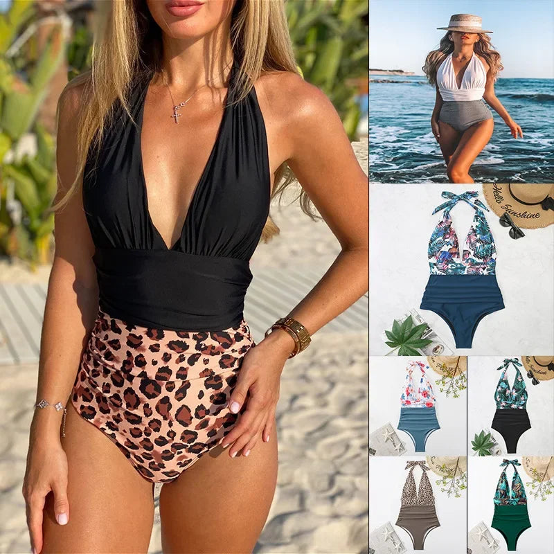 Traje de baño enterizo estampado de moda para mujer, bikini sexy, ropa de playa para damas, traje de baño con espalda descubierta y cordones.