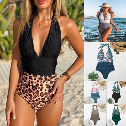 Traje de baño enterizo estampado de moda para mujer, bikini sexy, ropa de playa para damas, traje de baño con espalda descubierta y cordones.