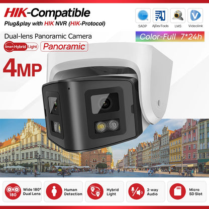 Cámara panorámica de doble luz de 4 MP y 8 MP con PoE, micrófono y altavoz integrados, detección humana, visión nocturna a color y sistema de vigilancia compatible con Hikvision.