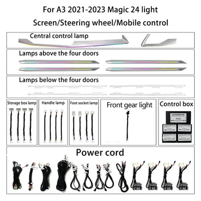 Luz ambiental LED Ouchuangbo para A3 8Y RS3 A3L 2021-2024, iluminación interior, 256 colores, lámpara de ambiente, kit de retroiluminación, moldura dinámica