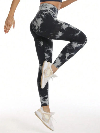 All Seasons Women's Tie Dye Print High Waist Sports Leggings, Breathable Wide Waistband Seamless Skinny Pants for Gym Workout