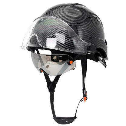 Casco de seguridad con patrón de fibra de carbono y gafas de doble visera para ingenieros, casco de seguridad CE ANSI ABS, gorra de trabajo industrial, rescate