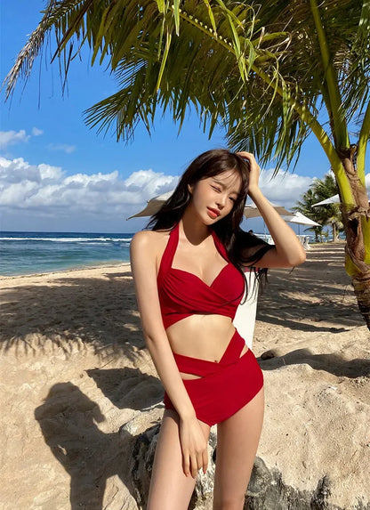 Bikinis sexys 2024, trajes de baño para mujer, traje de baño femenino de cintura alta, trajes de baño rojos push up, conjunto de bikini coreano para niñas, ropa de playa, bañista