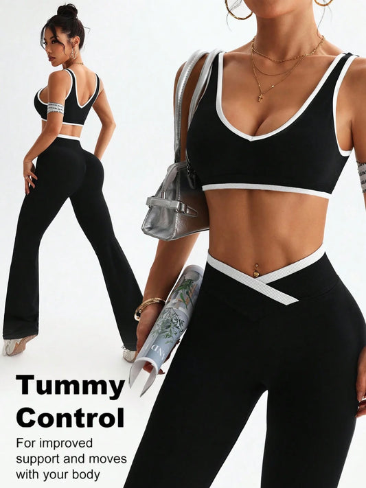 Conjunto deportivo con tirantes anchos y bloqueo de color, conjunto deportivo de una pieza para yoga y fitness con control de abdomen para mujer a prueba de golpes