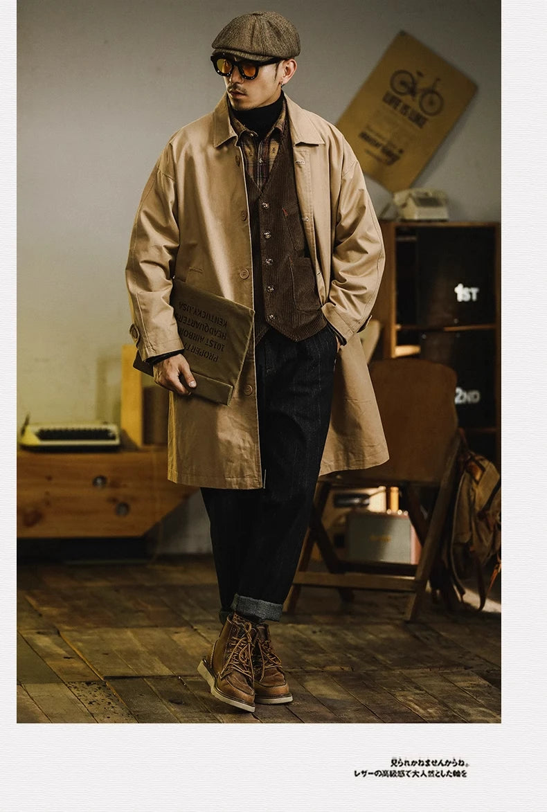 Retro American Sle Men's Long Coat Cotton Casual Faion Urban Youth Pure Color Button up Loose Fit Autumn Winter Coat