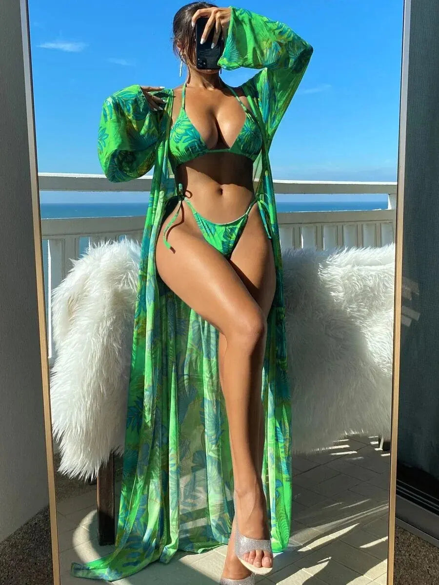 Bikini de tres piezas con tiras triangulares 2025 para mujer, traje de baño tipo kimono, ropa de baño sexy para mujer, traje de baño para playa