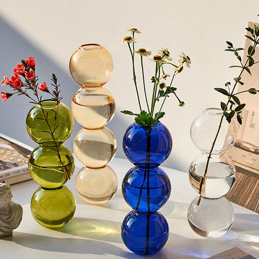 Nuevos adornos japoneses para sala de estar nórdica, jarrones pequeños esféricos creativos y sencillos con flores de vidrio de burbujas de colores, decoración del hogar