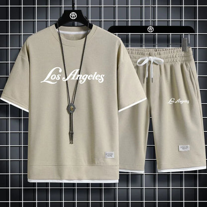 Conjunto de camiseta y pantalones cortos deportivos, conjunto deportivo de verano para hombre, conjunto informal sencillo de manga corta con forma de gofre