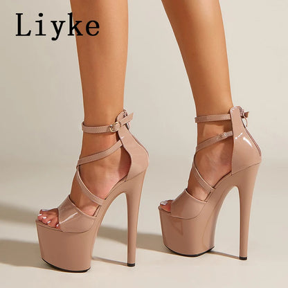 Liyke Fashion Runway Sandalias de plataforma con tiras al tobillo para mujer, de verano, de charol, con punta abierta y cremallera, tacones altos sexis de 17 cm, zapatos de baile en barra
