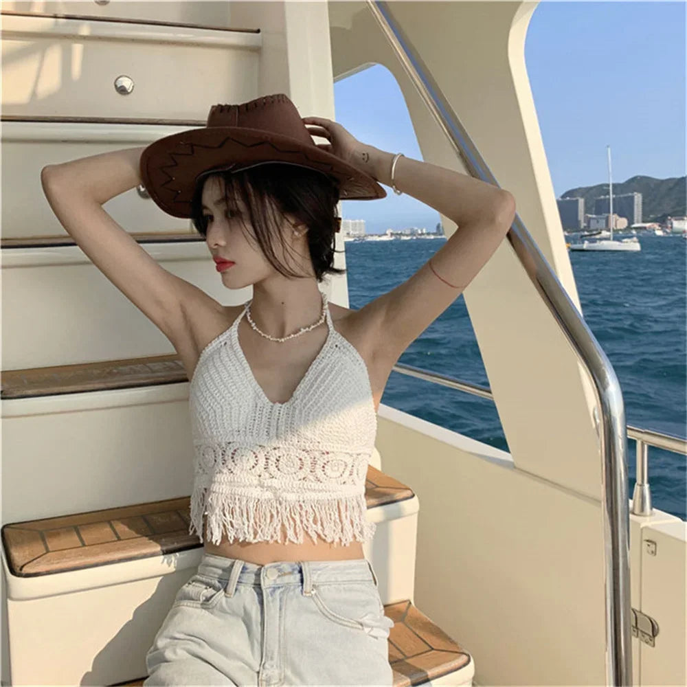 Ropa interior estilo bohemio para mujer, con flecos, espalda descubierta, cuello halter, lazo, bordado, tirantes con borlas, chaleco corto sin mangas