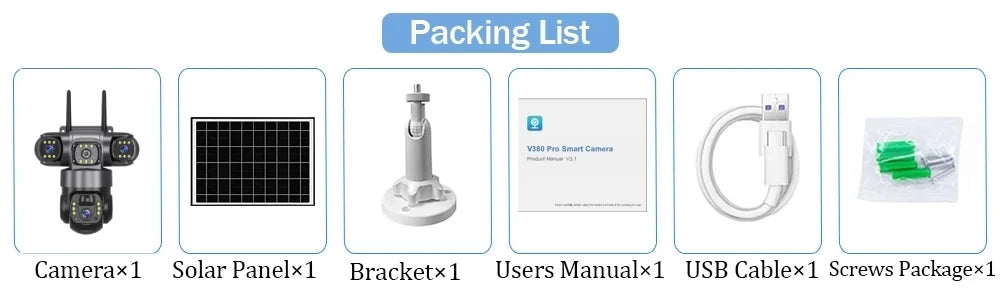 Cámara solar WiFi V380 Pro de 15 MP con 3 lentes, 3 pantallas, zoom 10x, detección de movimiento, resistente al agua, visión nocturna y protección CCTV.