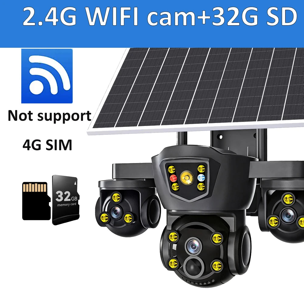 Cámara solar inalámbrica WiFi DIFANG V380 Pro para exteriores con tres pantallas, tarjeta SIM 4G y batería. Sistema de videovigilancia solar con tres lentes y batería.