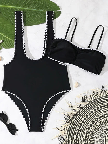 Vigoashely 2025 Sexy Black Two Piece Swimwear Women Push UP Hollow One Piece Swimsuit Monokini Backless Beach Lady Bathing Suit