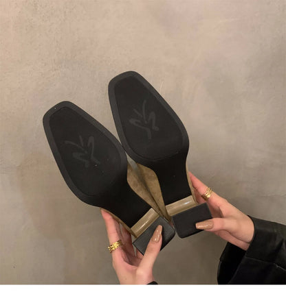 Vintage Women Ankle Boots 2024 Fashion Square Toe Thick High Shoes Autumn Winter New Ladies Elegant Stretch Slim Short Booties