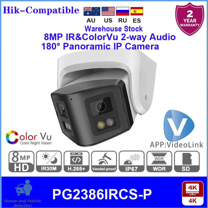Cámara IP panorámica 4K de 8 MP y 180° compatible con Hikvision, con infrarrojos y ColorVu, audio bidireccional, detección de presencia humana, ranura para tarjeta SD, Plug &amp; Play, NVR HIK.
