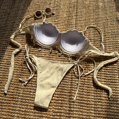 VigoBreviya 2025 Traje de baño de tiras sólidas para mujer Bikini sexy push up brasileño para mujer Traje de baño de playa para mujer Traje de baño de tanga de corte alto atado