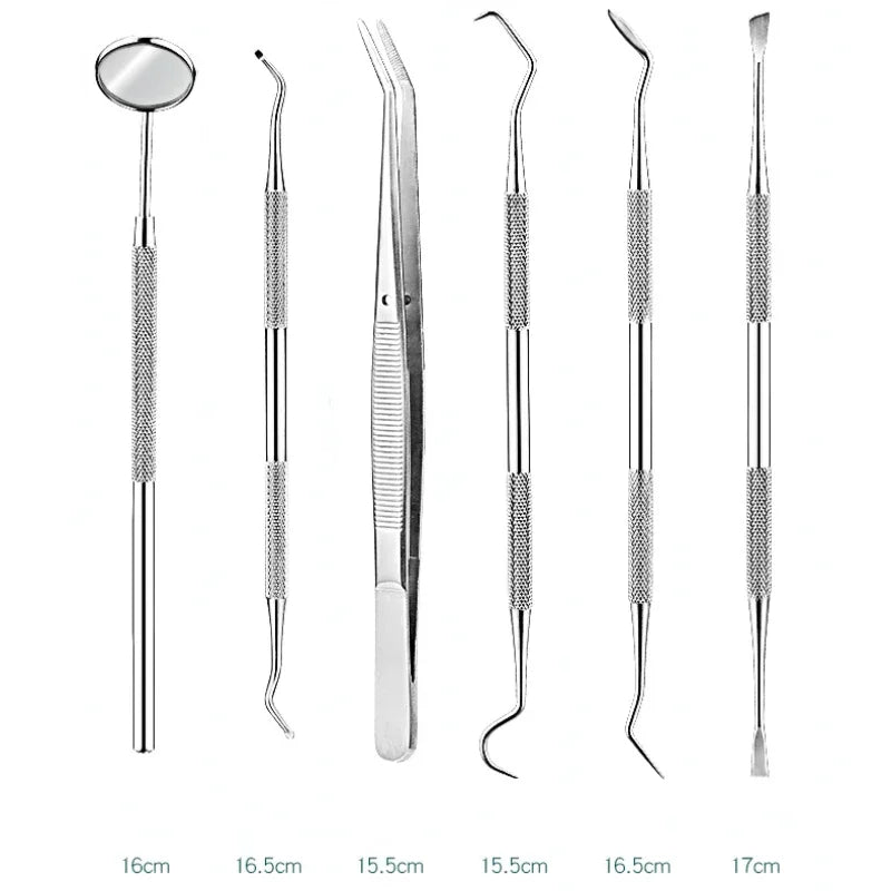 Juego de herramientas de acero inoxidable para dentistas, 4, 5 y 6 piezas, pinzas, azada, hoz, raspador, espejo, limpieza de sarro.