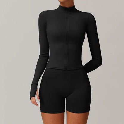 Conjunto deportivo de 2 piezas para mujer, chándal para correr, entrenamiento, con cremallera, pantalones cortos de manga larga, ropa de yoga, ropa deportiva
