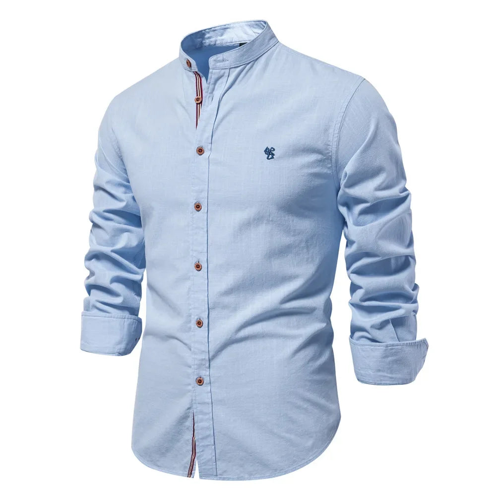 Camisa de lino 100% algodón para hombre, camisas de marca con bordado de color liso, blusas informales de manga larga de alta calidad con botones