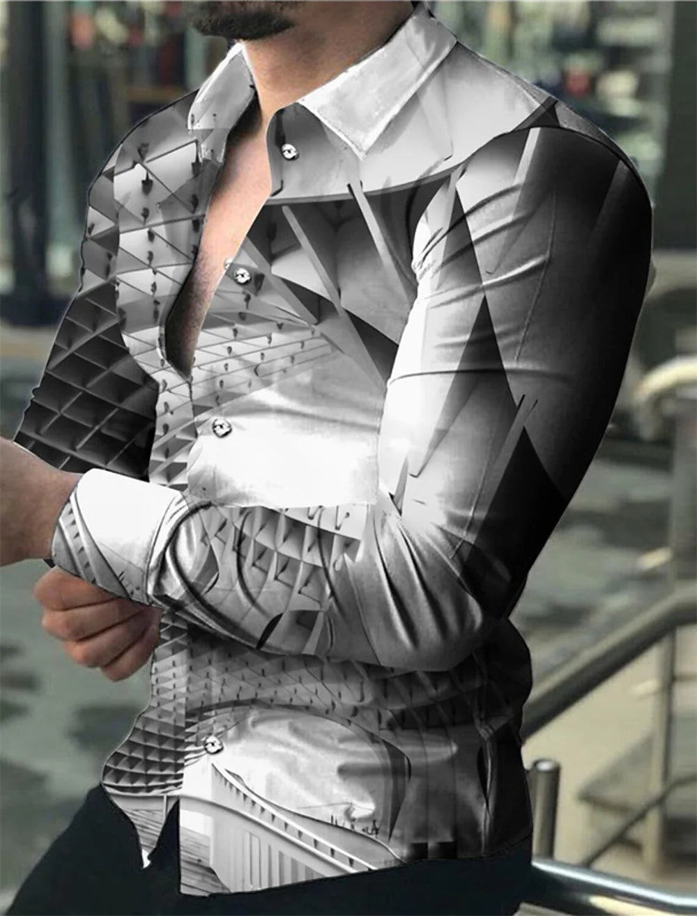 Camisa de hombre con estampado dorado, blanca, negra, roja, manga larga, cuello con botones, estilo casual y moderno, tallas grandes.