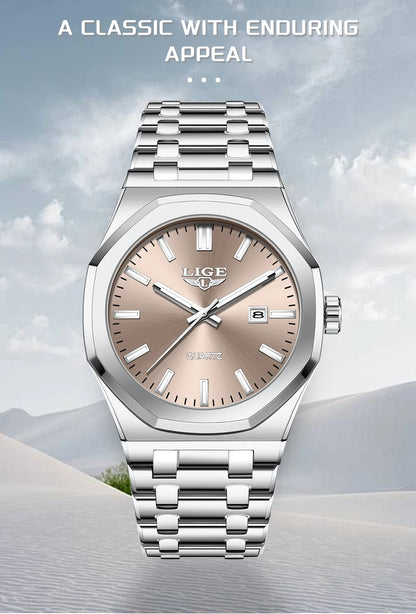 Reloj para hombre LIGE, resistente al agua, de acero inoxidable, luminoso, de negocios, de cuarzo, de moda, con calendario