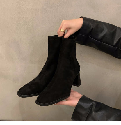 Vintage Women Ankle Boots 2024 Fashion Square Toe Thick High Shoes Autumn Winter New Ladies Elegant Stretch Slim Short Booties