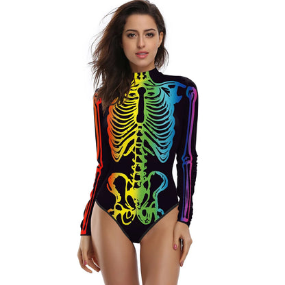 [You're My Secret] Halloween Costume Cosplay Skeleton Print Zenti Bodysuits Carnival Party Jumpsuit Outfit Women Day of The Dead