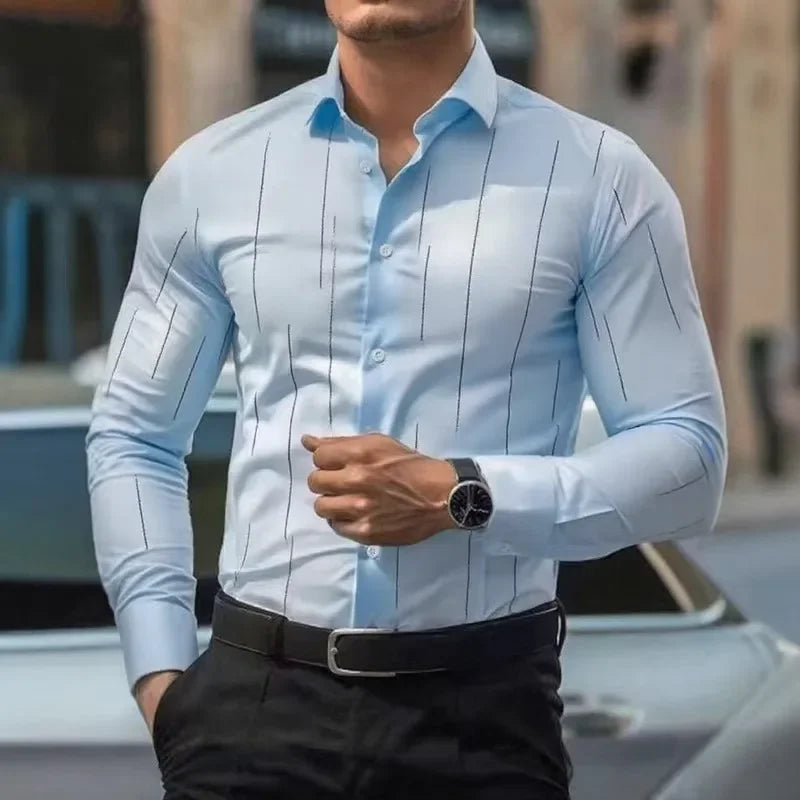 Camisa de manga larga de negocios para hombre, de alta calidad, cómoda, con botones, estilo elegante y a rayas.