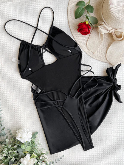 Traje de baño de una pieza tipo tanga, con espalda descubierta y diseño ultra mini, estilo tanga, para mujer. Incluye pareo, corte alto y diseño monokini.