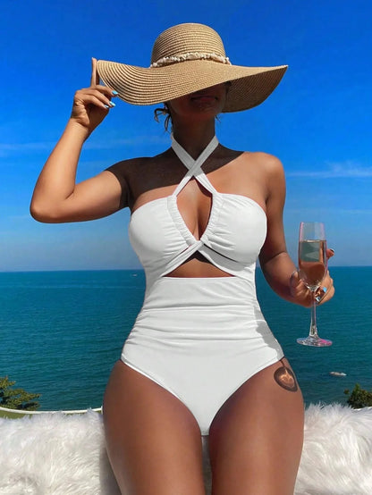 Traje de baño de una pieza de cintura alta sexy para mujer, color puro, novedad de 2025, elegante y a la moda, ropa de playa.