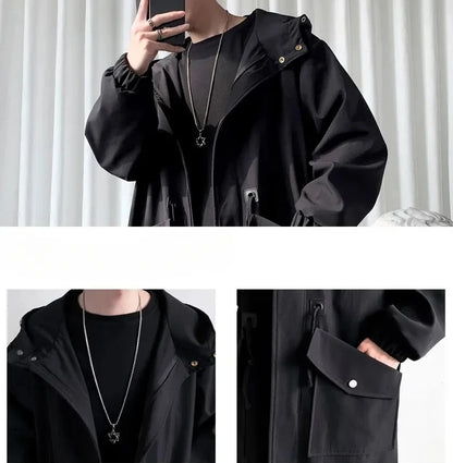 2025 Spring Autumn  Green Windbreaker Fashion Men Mid-length Casual Hooded Coat Men Daily High Street Overcoat Male Clothes