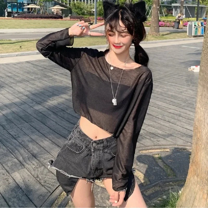 Ropa de protección solar transparente de color puro para mujer, camiseta de manga holgada, conjunto de pareja, camisa básica, ropa bonita para mujer, tendencia