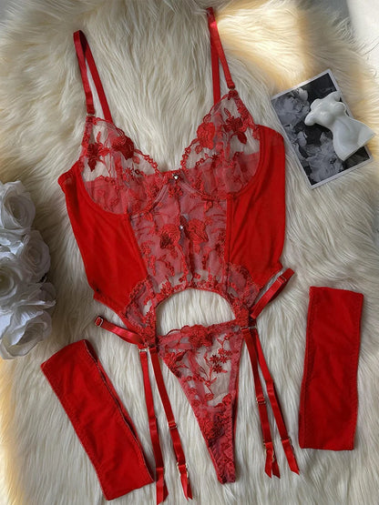 Conjunto de lencería erótica Hot Heart Corset para mujer, de malla transparente con vendajes cruzados y diseño calado, incluye muñequera.