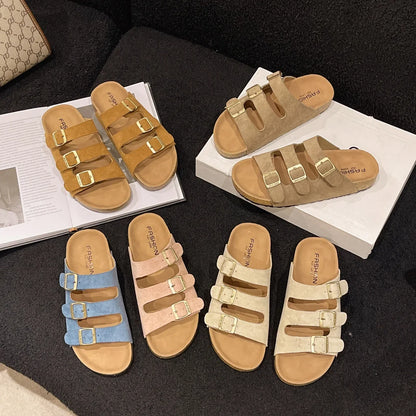 Zapatillas de verano para mujer, para uso en exteriores, de marca moderna, sandalias de playa, de madera suave, para conducir, para parejas, zuecos planos de una sola tira, para adultos, ocio S