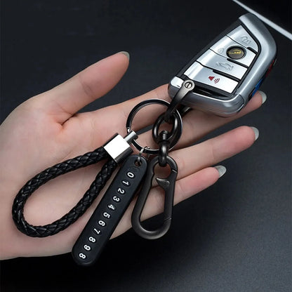 Llavero con colgante de placa de número de teléfono móvil DIY para hombre, estilo punk, cuerda de cuero tejida simple, antipérdida, accesorio para llavero de coche.