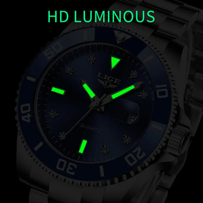 Relojes de moda LIGE para hombre, de lujo, luminosos, con calendario, para negocios, resistentes al agua, cronógrafo, de acero inoxidable, de cuarzo.